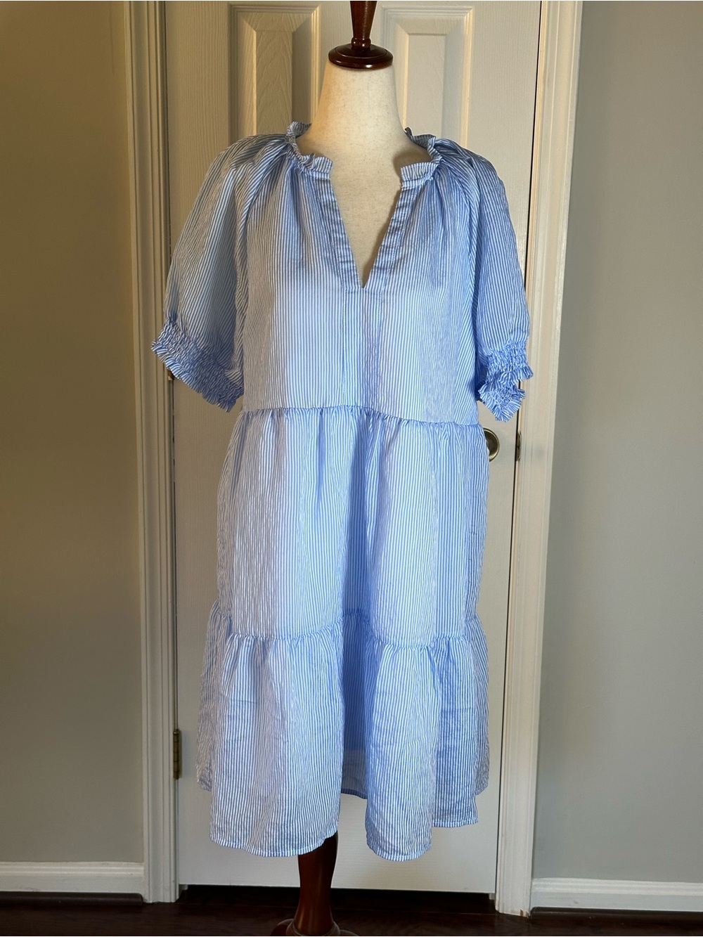 THML Blue and White Striped Tiered Dress
